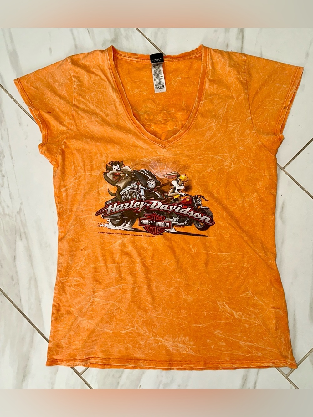 Harley Davidson Looney Tunes Nags Head NC Orange Mineral Wash V-Neck Shirt L